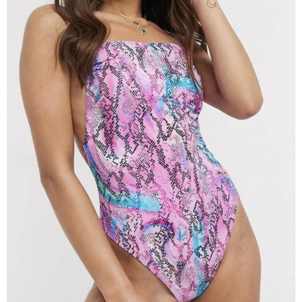 ASOS Design Women's Marble Snake Print One-Piece Swimsuit Pink Size US 14